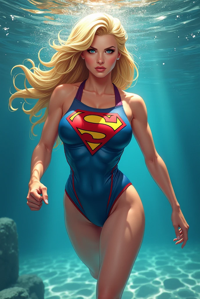 Supergirl underwater in a pool with big breasts, with neckline, in a swimsuit, and erect as if flying