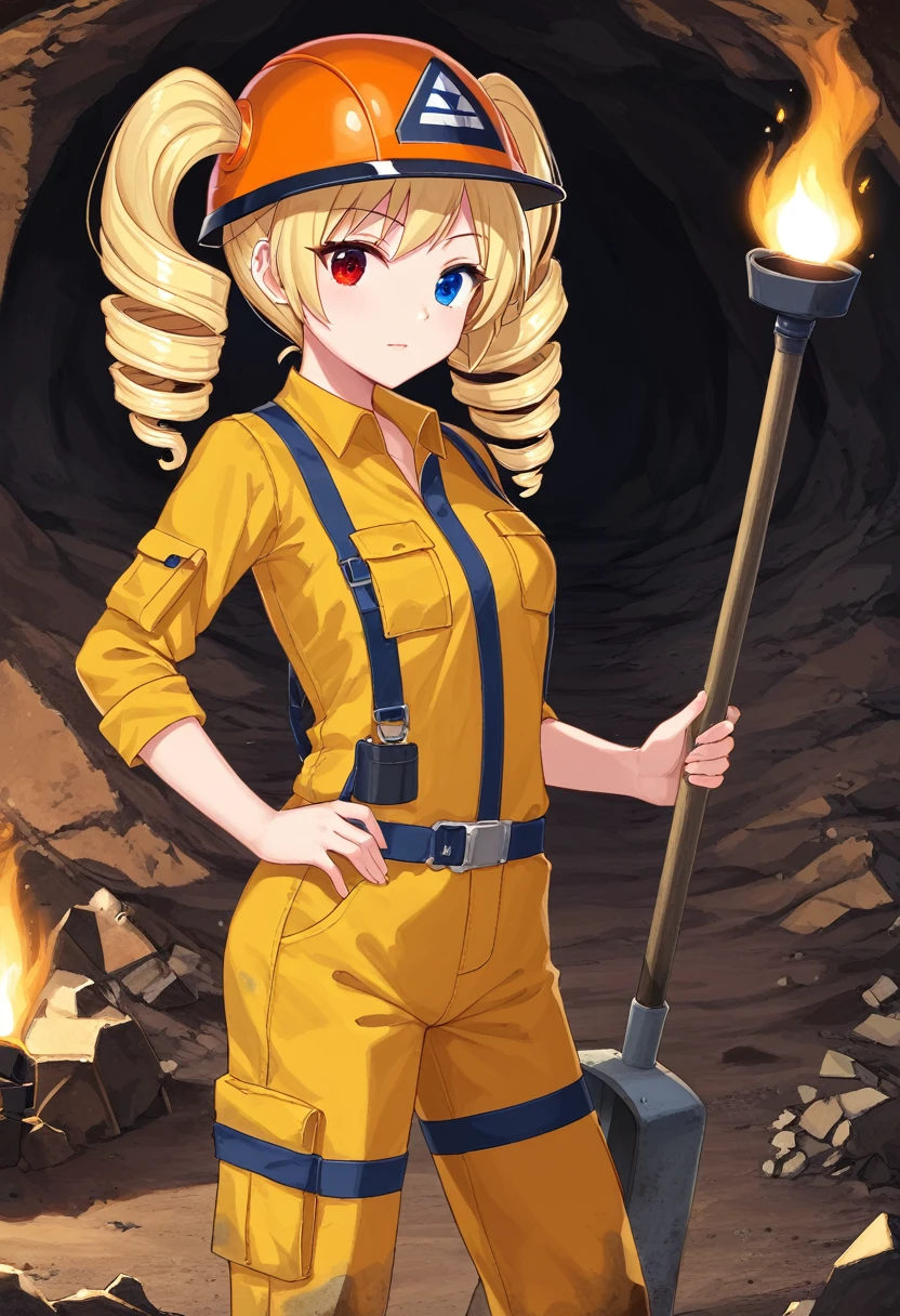 pny-safe solo, Beautiful woman Beautiful Skin, torch , Blonde Drill Twin tails, Heterochromia with red left eye and blue right eye, Construction Worker Suit Helmet, Dust soil, Cave Mine, darkness