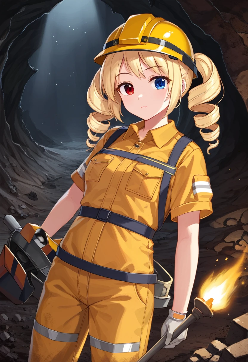 pny-safe solo, Beautiful woman Beautiful Skin, torch , Blonde Drill Twin tails, Heterochromia with red left eye and blue right eye, Construction Worker Suit Helmet, Dust soil, Cave Mine, darkness