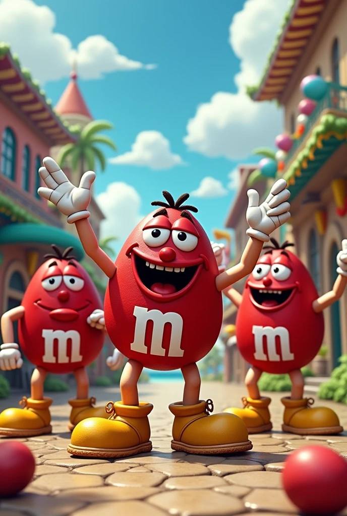 One Piece, 3 Red M&M Men with big floppy potato shoes, flapping arms, chanting "HO HA HO HA"
