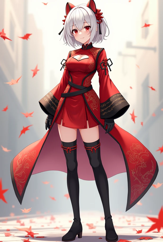 A short white haired anime style girl with a red Chinese combat suit on top and a not so long skirt, Black high boots with long sleeves on the arms Height 169 Large bust Long legs 2 Looks like a young adult Full body