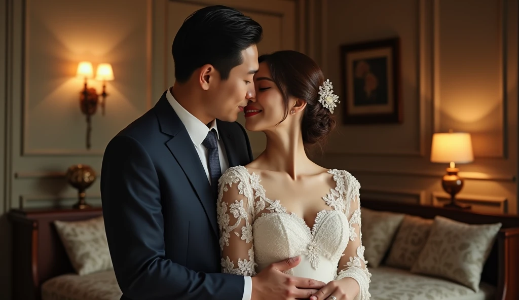 CEO and his beautiful wife，CEO in a suit，The wife wears a high-end tailored white wedding dress.，kiss，Idol drama cover