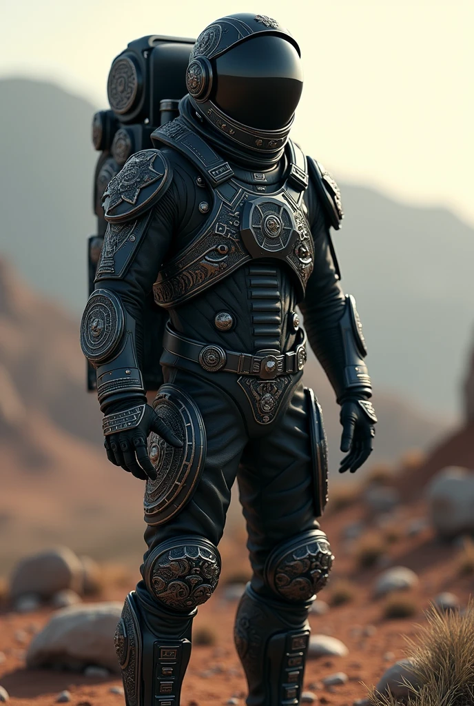 Aztec futuristic astronaut, with a black astronaut suit with Aztec features, front view, HD, great detail, reality, Photographic 