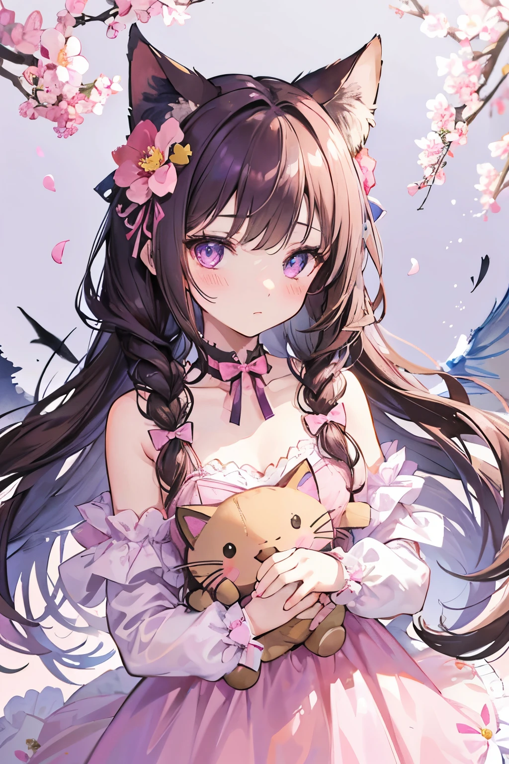 1girl, naked, animal ears, purple eyes, brown hair, wings, solo, long hair, blush, cat ears, flowers, looking at viewer, braids, bows, dresses, pink flowers, bows, hair accessories, bangs, cats, hair flower, animal ear hair, holding, virtual youtuber, blue bow, holding animal, catwoman, stuffed toy