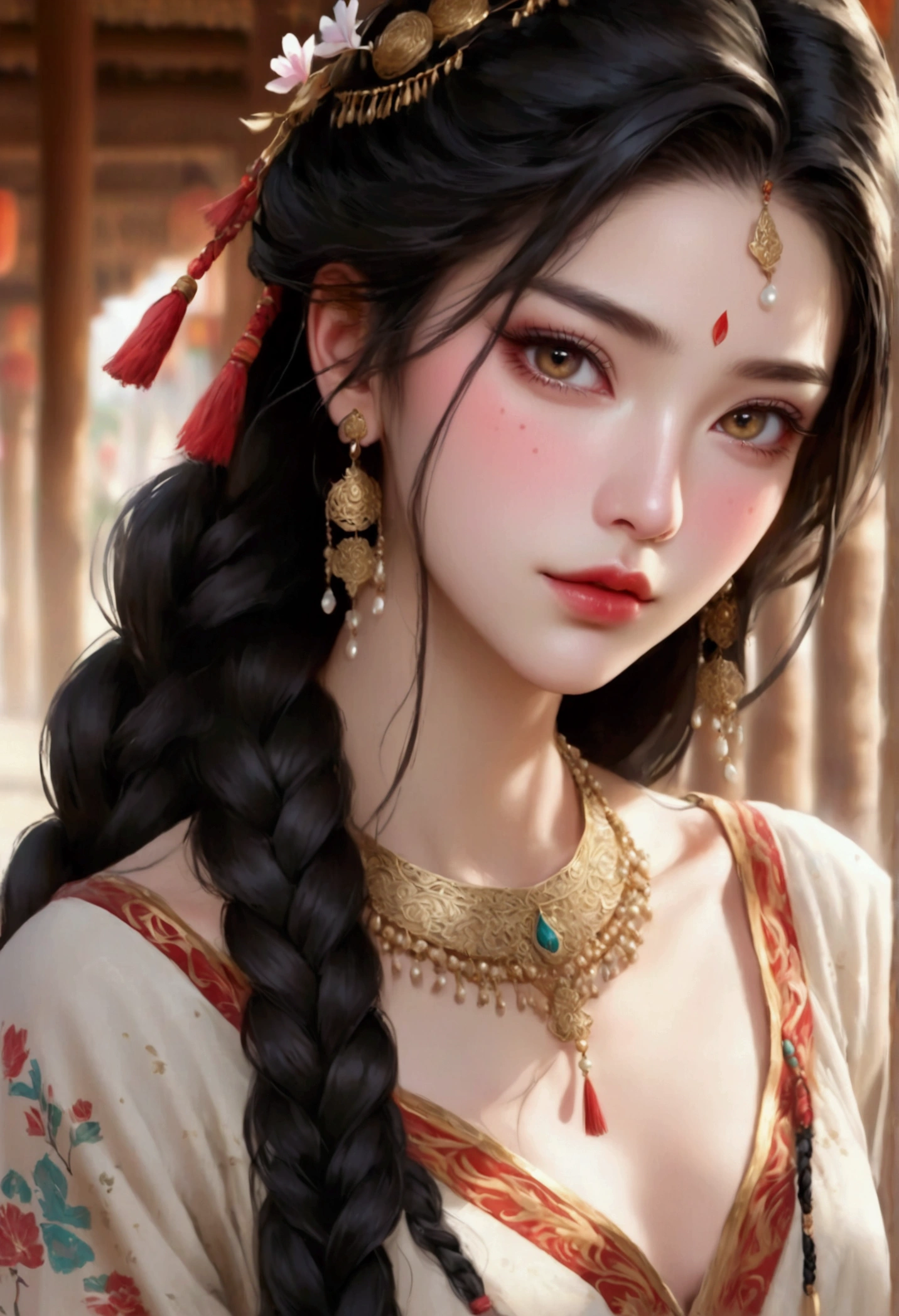 Beautiful girl in traditional national costume, flowing long black hair,Color braided hair, Radiant Skin, Delicate facial features and elegant eye makeup, Pearl Necklace, Blurred background, (best quality,4K,8K,high resolution,masterpiece:1.2),Extremely detailed,(Practical,photoPractical,photo-Practical:1.37),Extremely detailed eyes and face,Long eyelashes,Beautiful and delicate eyes,Beautiful and delicate lips,Delicate skin,Slightly freckled,Slender shoulders and arms,elegant flowing dress,Intricate and exquisite ethnic traditional patterns and designs,Petals are flying down,Deep golden glitter