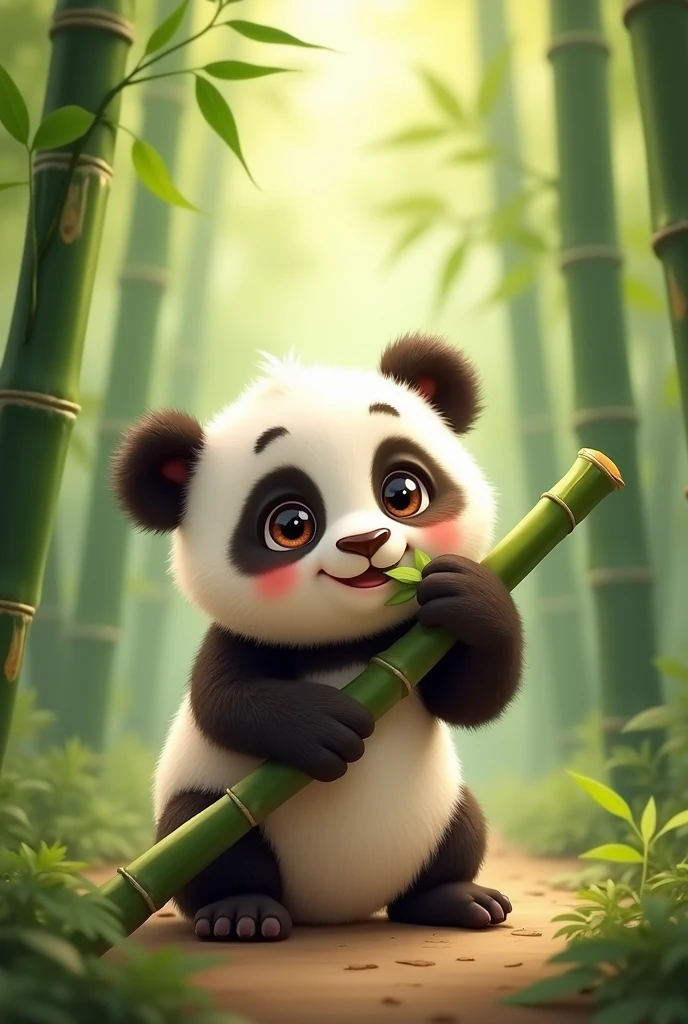 I need you to design me an animated image of a cute baby panda biting a bamboo branch