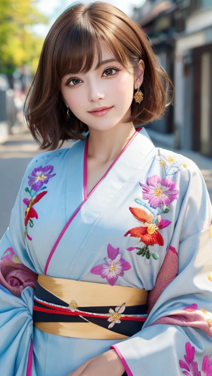 (8k, RAW Photos, Highest quality:1.2), (reality, reality的:1.4), (非常に詳細な8kwallpaper)、Sharp focus, Cinema Lighting, 細部までBeautiful Eyes, Asymmetrical bangs, Glowing Skin, Highly detailed skin ,High resolution, Attention to detail, Detailed hairstyle, Detailed beauty face, Hyper Real, Perfect limbs, Perfect Anatomy ,1 Japanese girl,Famous idols of Japan, Perfect female body,smile,short eyelashes,double eyelid、Look straight here,Stand up straight and face me, whole body ,,look straight at me,Streets of Europe、Tabletop、wallpaper、reality的、Bright lighting、Professional Lighting、Face Light Smooth Lighting、Japanese women、Adult、Beautiful woman、action、gravure、Sexy、so beautiful、Beautiful Skin、Beautiful and detailed、Detailed face、slim、moderately、((short hair))、((Brunette Hair))、Brown eyes、Looking into the camera、Small Bust、Pretty face,, smile, Blurred Background, 超High resolution, Backlight, Top-down angle,whole body、Accurate 5 fingers, software , Bony body, Japanese women, One person, Perfect body, 超Detailed face, Detailed lips, Beautiful Eyes, double eyelid, Light brown hair, Asymmetrical hair, Asymmetrical bangs, Messy Hair,(High-quality kimonos in vibrant colors:1.3), (Gorgeous embroidered kimono:1.3)