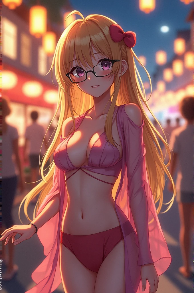 (Younger sister:1.2),Blonde,half nude,nipple visible,(micro yukata:1.3),nipple visible,(Small breasts:1.3),glasses,Clothes are see-through,Spoiled Girl,Long Hair,summer vacation,night festival,