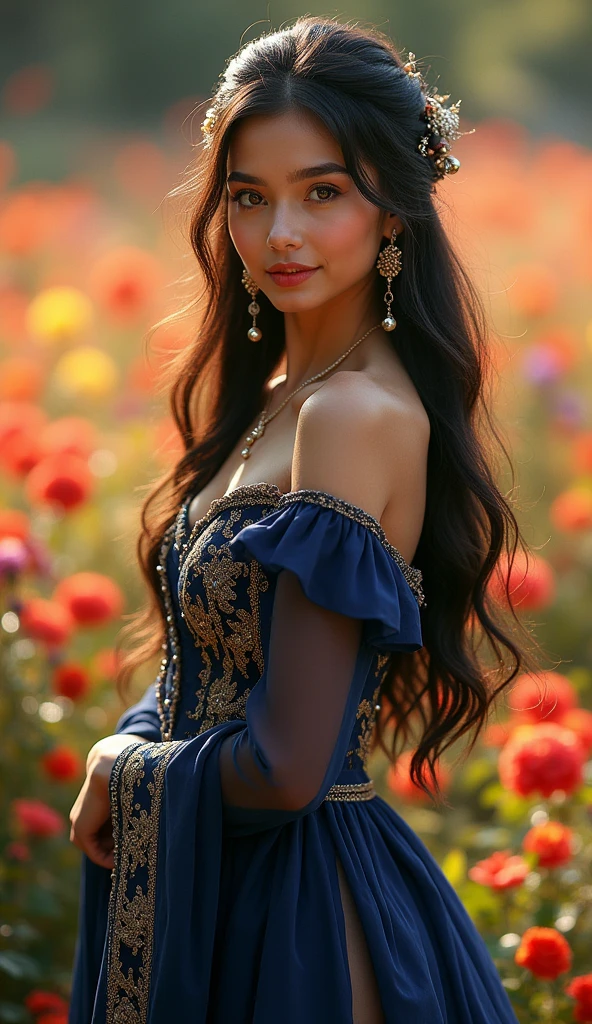 A beautiful and graceful young woman with large breasts, Eyes as big as the full moon, Her long black hair fluttered in the wind.. She wore a long dress, Dark blue dress with shiny gold embroidery, Classic and elegant tailoring with modern touches like high slits or sheer sleeves.. The afternoon sunlight shone on her face from the side., Create long shadows and highlight the beauty of her cheekbones., Make her eyes sparkle like gems. Blurred background, Beautiful flower garden, That has a color like red, yellow, And purple blends together to create a stunning harmony.. undercover, A gentle smile appeared on her lips.. She stands tall and graceful., Her gaze was fixed on the distance.. Add little details like antique jewelry or unique hair accessories to add a classic and elegant touch..