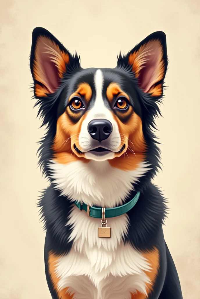 "Create a highly detailed, vector-style dog portrait with a focus on clean lines and vibrant colours. The background should be a subtle, textured canvas with a light beige tone, making the dog the central focus. The dog's fur should have a soft, gradient shading effect, and the eyes should be expressive, capturing the pet's personality. Use a minimalist approach to accessories, such as a simple collar or a small name tag, to keep the attention on the dog's face. Ensure that the overall composition is balanced and suitable for a premium, professional pet portrait."