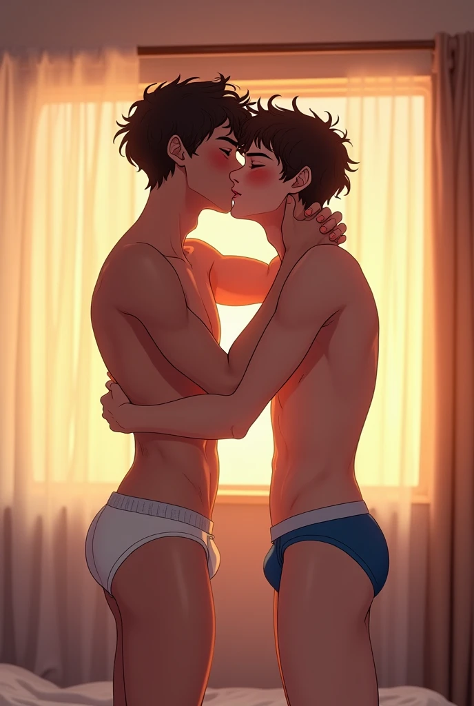 Two guys kissing, anime, shirtless, sunset, bedroom, blushing, twinks, white and blue underwear, brown curly hair