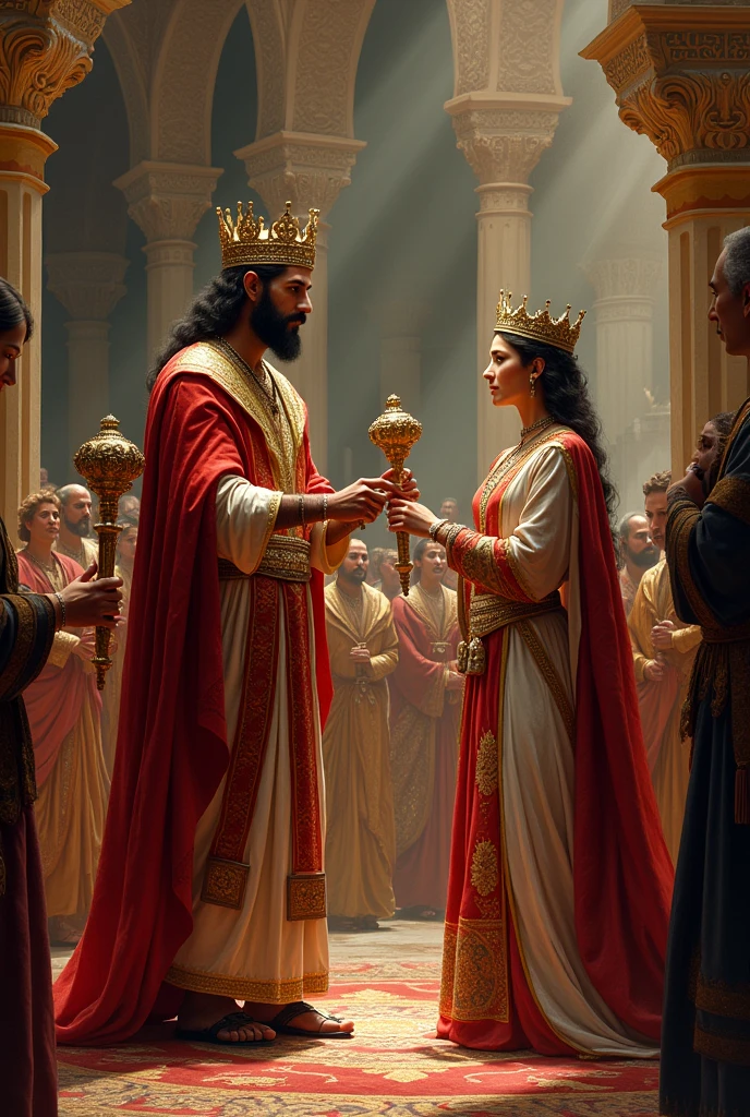 scene of a man and a woman in a palace, king and ruler of Persia, granting him a title, holding a scepter and the woman touching the door of the scepter
