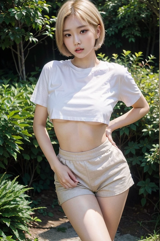 best quality, 8k, very delicate and beautiful, highly detailed face and skin texture, shiny skin, high resolution, big tits sexy blond short hair korean girl in cropped t-shirt and thigh short pants in a garden, sharp focus