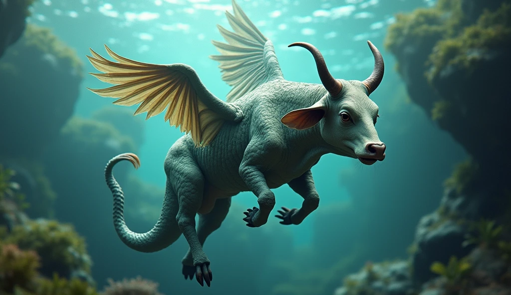 There is a creature growing underwater,It has a cow's head, a fish's body, and a snake's tail.,Wings growing from the ribs(best quality,4K,8k,High level,masterpiece:1.2),Ultra Detailed,(lifelike,Photo real,Photo real:1.37)
