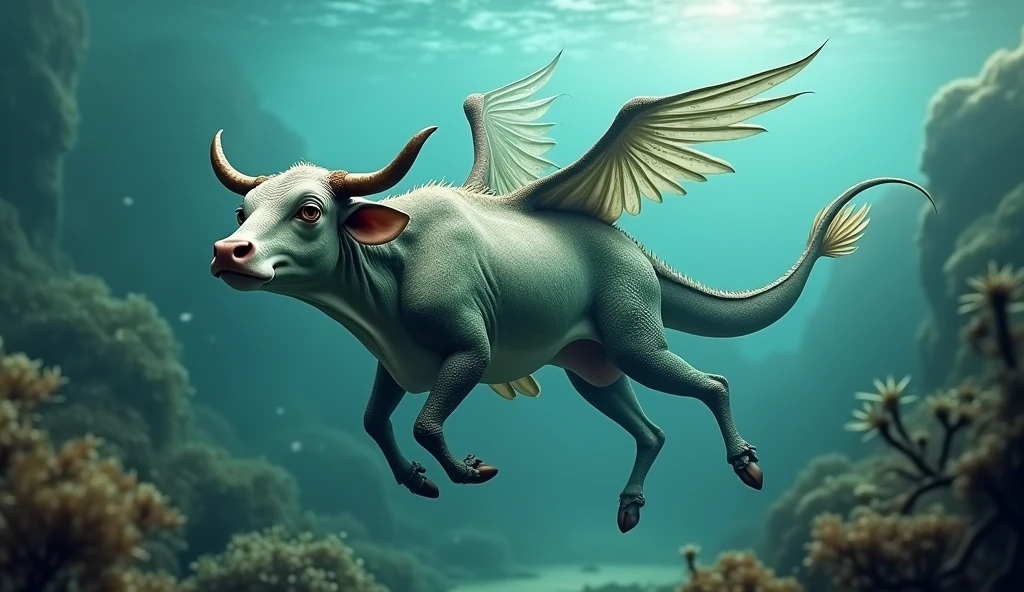 There is a creature growing underwater，It has a cow&#39;s head, a fish&#39;s body, and a snake&#39;s tail.，Wings growing from the ribs（best quality，4K，8k，High level，masterpiece：1.2），Ultra Detailed，（lifelike，Photo real，Photo real：1.37）