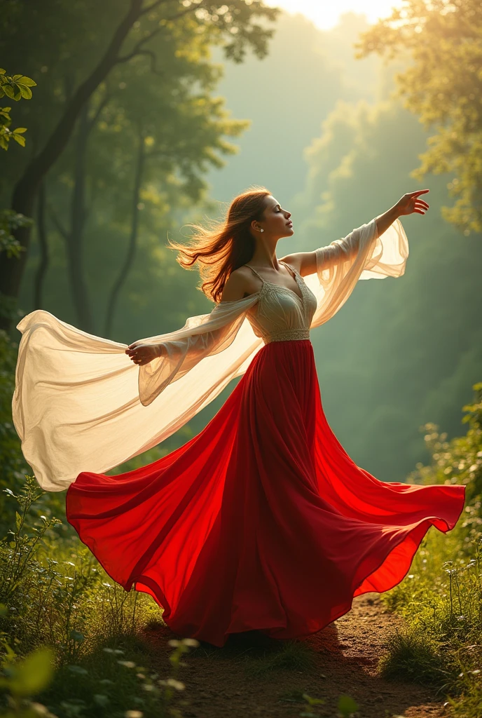 Photoshot of a beautiful woman wearing a red and white dress with a long cloth on her shoulders. Dancing in a very green forest valley.