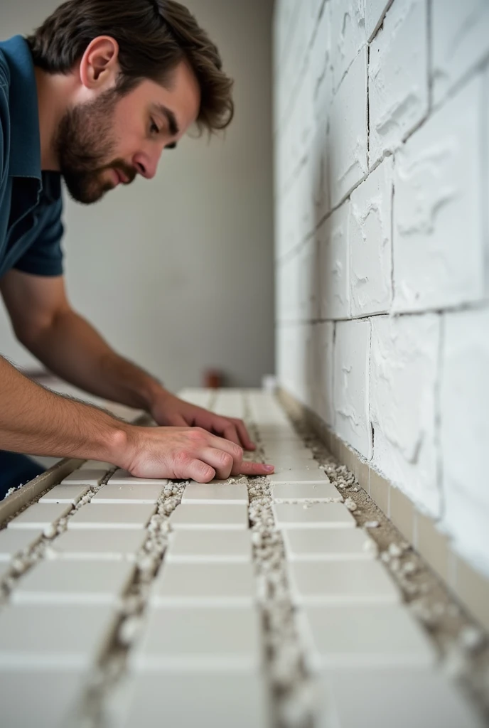 Person laying tiles on a wall