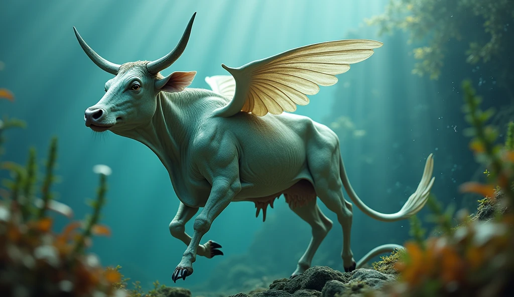 There is a creature growing underwater，It has a cow&#39;s head, a fish&#39;s body, and a snake&#39;s tail.，Wings growing from the ribs（best quality，4K，8k，High level，masterpiece：1.2），Ultra Detailed，（lifelike，Photo real，Photo real：1.37）