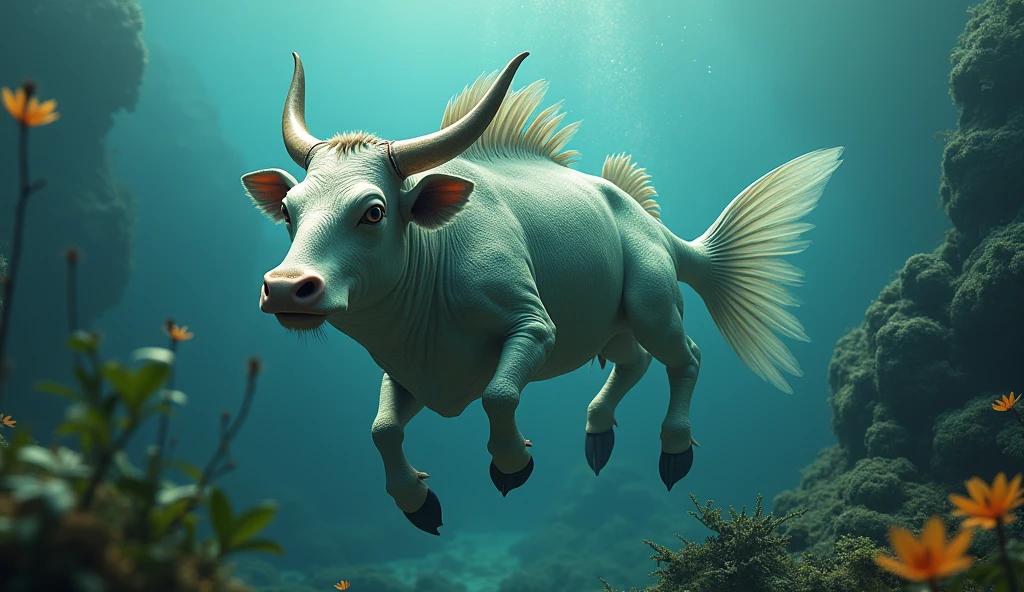 There is a creature growing underwater,It has a cow's head, a fish's body, and a snake's tail.,Wings growing from the ribs(best quality,4K,8k,High level,masterpiece:1.2),Ultra Detailed,(lifelike,Photo real,Photo real:1.37)