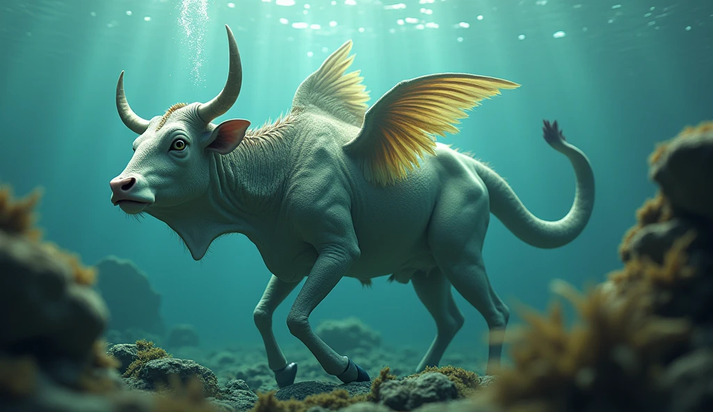 There is a creature growing underwater，It has a cow&#39;s head, a fish&#39;s body, and a snake&#39;s tail.，Wings growing from the ribs（best quality，4K，8k，High level，masterpiece：1.2），Ultra Detailed，（lifelike，Photo real，Photo real：1.37）