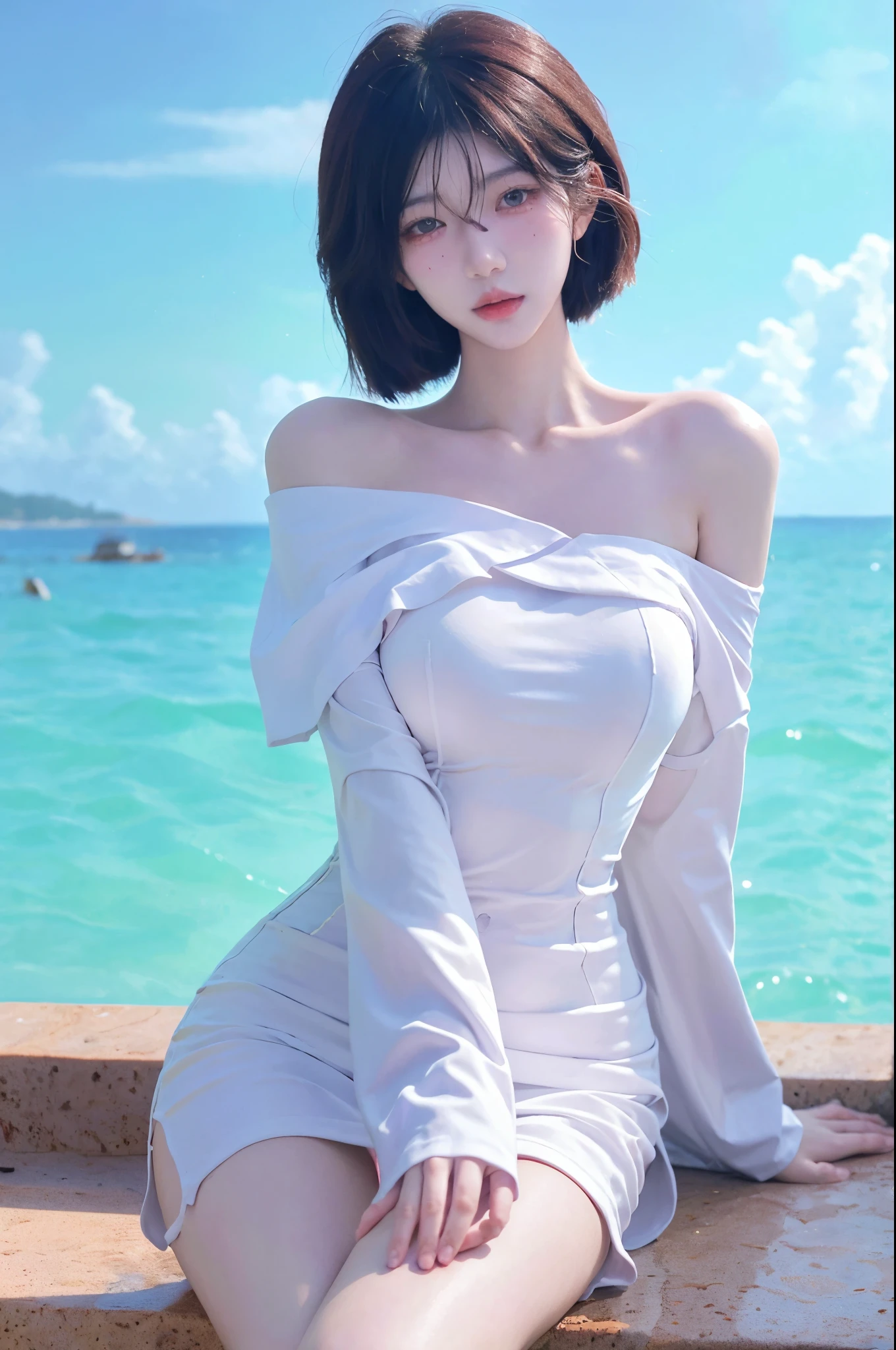 Beautiful woman with perfect figure:1.6，Ultra-high resolution，4K，Sailor Suit，Beach Background，Long hair，Big Breasts，cute，White legs，(Lifelike:1.4)，Layered hairstyle，White skin，whole body，Very delicate face and skin texture，Double eyelids，Skin Whitening，