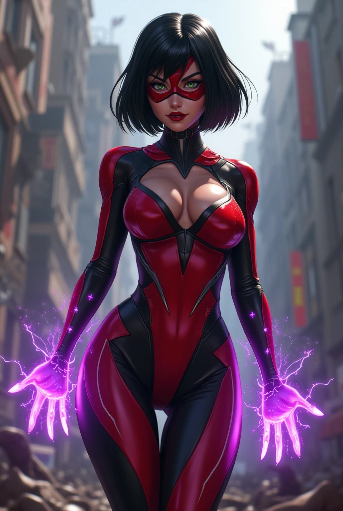 A confidant, sexy pose of a Beautiful and powerful evil supervillain woman with short black hair in a layered bob, green eyes covered by a red and black high tech visor, and red lips, a sadistic grin across her face. She is wearing a sleek skintight bright red and black high tech power armor and radiating purple energy around her hands. Destroying, Evil wins, destroyed city, lots of bodies of costumed heroes litter the ground.