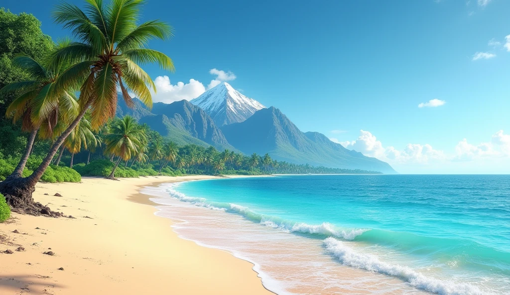 Sea, beach, mountain, coconut tree