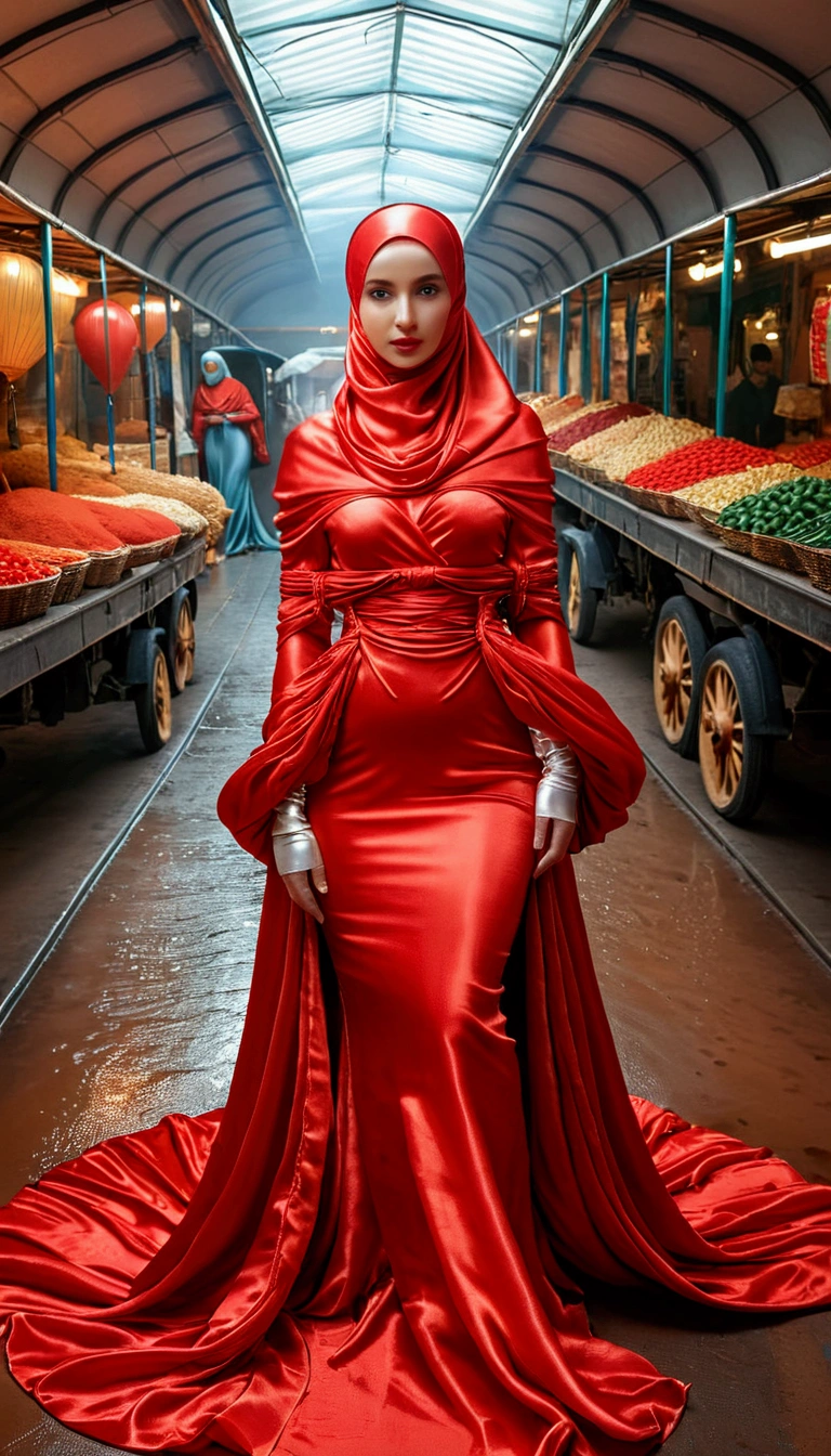 A woman shrouded in a 9-meter-long, plush red satin cloth, tightly bound and grandly draping along the form of her body, flowing off into a pooled floor-length train, styled in a mermaid-inspired outfit with ballon sleeve, her head modestly veiled in a satin hijab, tall woman, walk in wet traditional market, a full-body pose conveying a sense of elegance, captured in a 4k resolution, ultra-realistic