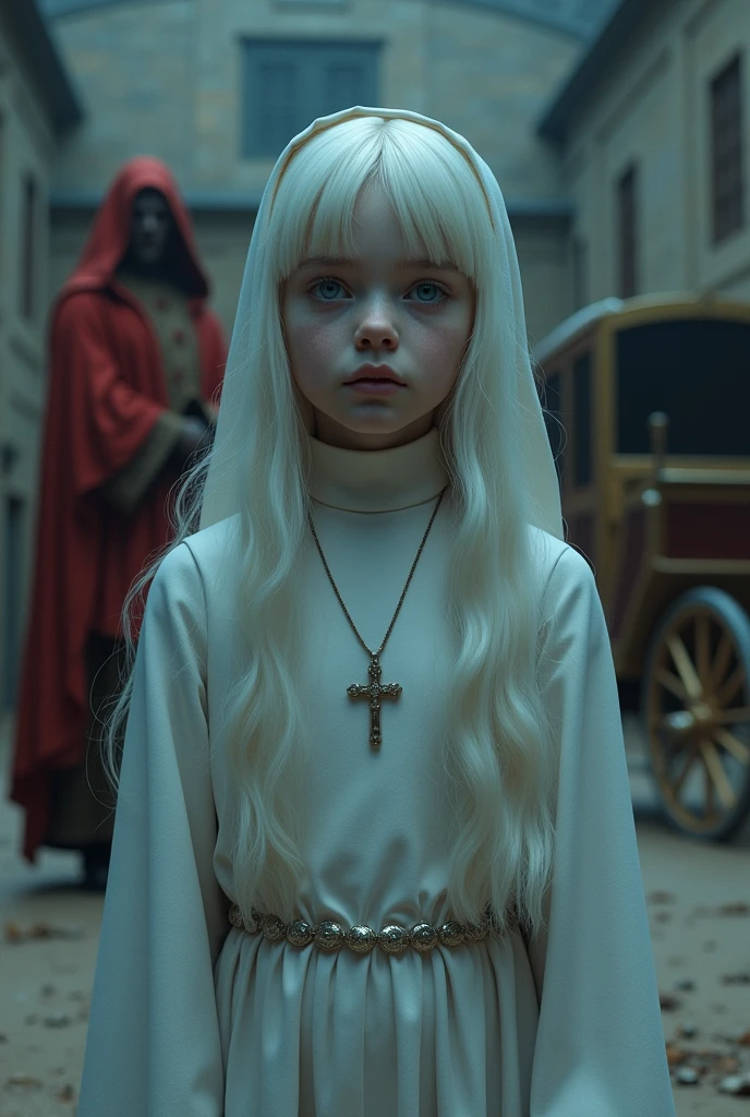 Young albino girl with long white hair, From the Middle Ages, realisitic, blue eyes white nun clothes, with a cross necklace and a look of fear in front of a carriage in a Villa at night, with a scary red bishop behind details.