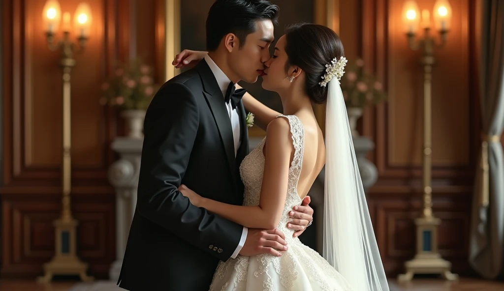 CEO and his beautiful wife,CEO in a suit,The wife wears a high-end tailored white wedding dress.,kiss,Idol drama cover