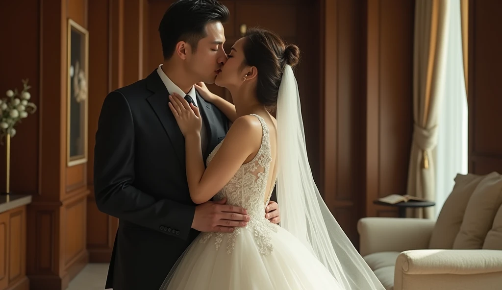 CEO and his beautiful wife,CEO in a suit,The wife wears a high-end tailored white wedding dress.,kiss,Idol drama cover