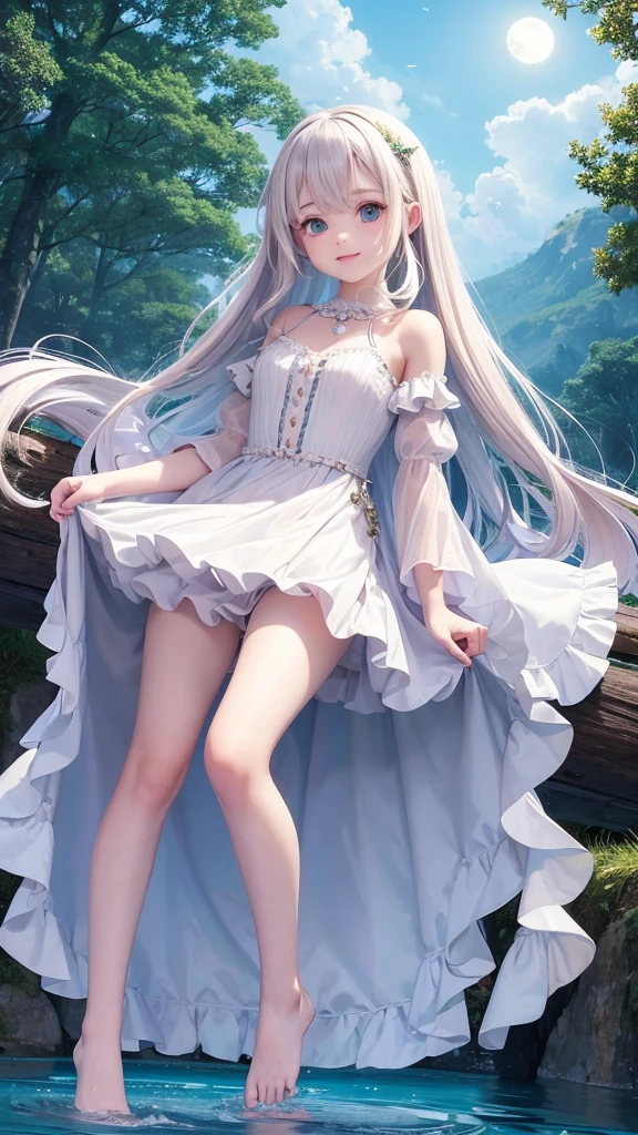 A fairy, an immature girl, a rainbow-colored semi-long, shining odd eyes, a cute smile with a young face, a long pearl white frill curtain costume wrapped around to emphasize the lines of the body, four pale peach-colored wings on her back, flying on the surface of the water, a lake where the moonlight reflects wildly, while jumping on the surface of the lake and creating a water pattern, the stage of the deep forest lake, the one-of-a-a-kind prima donna,
