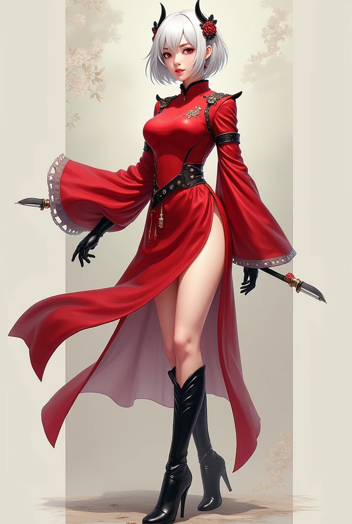 A girl with short white hair in a manga style with a red Chinese combat suit on top and a not so long skirt, Black high boots with long sleeves on the arms Height 169 Large bust Long legs 2 Looks like a young adult Full body 