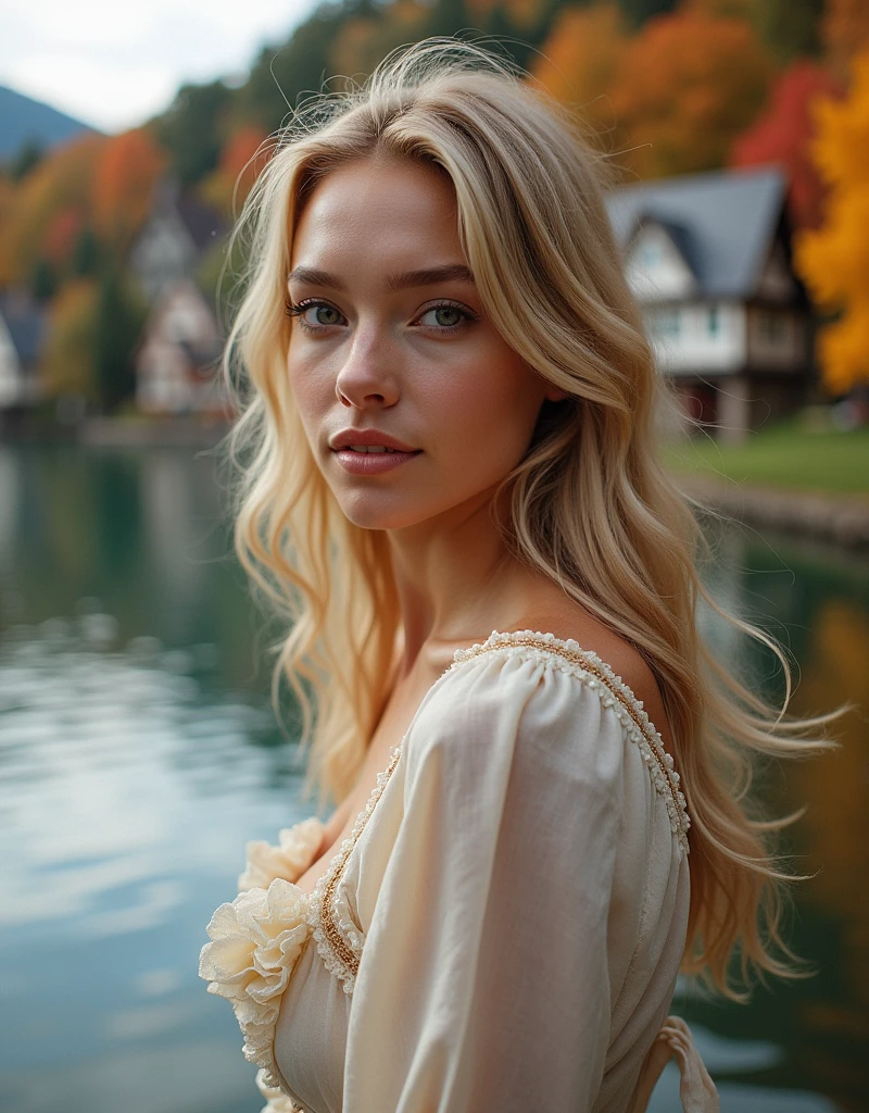 photograph of a breathtaking young woman with blonde hair, from the side, smiles intently at the viewer, wearing a gorgeous blouse, jacket, light makeup, hair blowing in the wind, gorgeous vista of a row of houses along the shoreline of a lake in the distance, vivid autumn colors fill the landscape, award-winning, professional, photo realistic, highly detailed, detailed hands, detailed feet