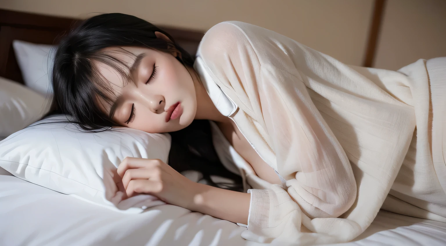 (Best quality: 1.2), RAW photos, high resolution, perfect details, professional photography, professional lighting, clear focus, very beautiful and lovely girl, Chinese girl, beautiful and detailed face and eyes, black hair, bangs, sleeping on white sheets, closing eyes, wearing pajamas, on the right side of the picture, accounting for one-third of the picture
