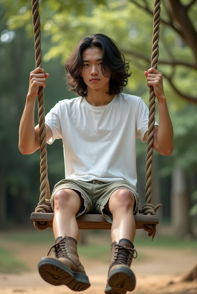 Photography of a 20 year old Asian guy with long curly hair wearing a white t-shirt, shorts, boots and playing on a swing