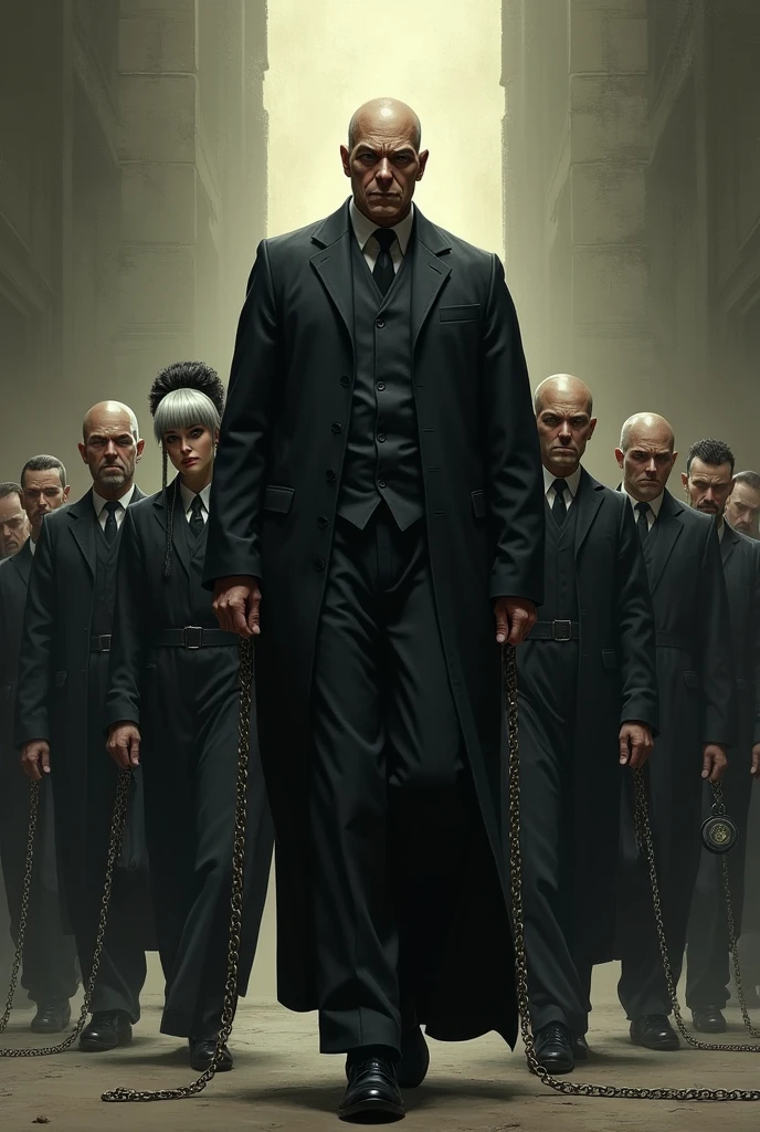 A mean looking bald judge walking with 10 judges on leashes , one of these judges is a woman with white and black hair. This Bald Judge Drags The Other 10 Judges With Chains Around Their Necks, trapped on a leash