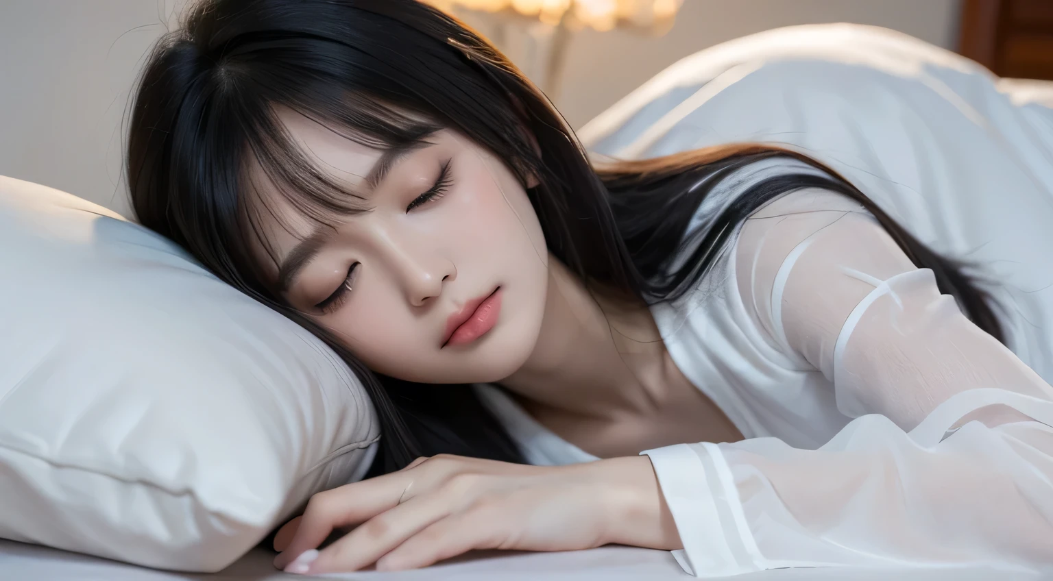 (Best quality: 1.2), RAW photos, high resolution, perfect details, professional photography, professional lighting, clear focus, very beautiful and lovely girl, Chinese girl, beautiful and detailed face and eyes, black hair, bangs, sleeping on white sheets, closing eyes, wearing pajamas, on the right side of the picture, accounting for one-third of the picture