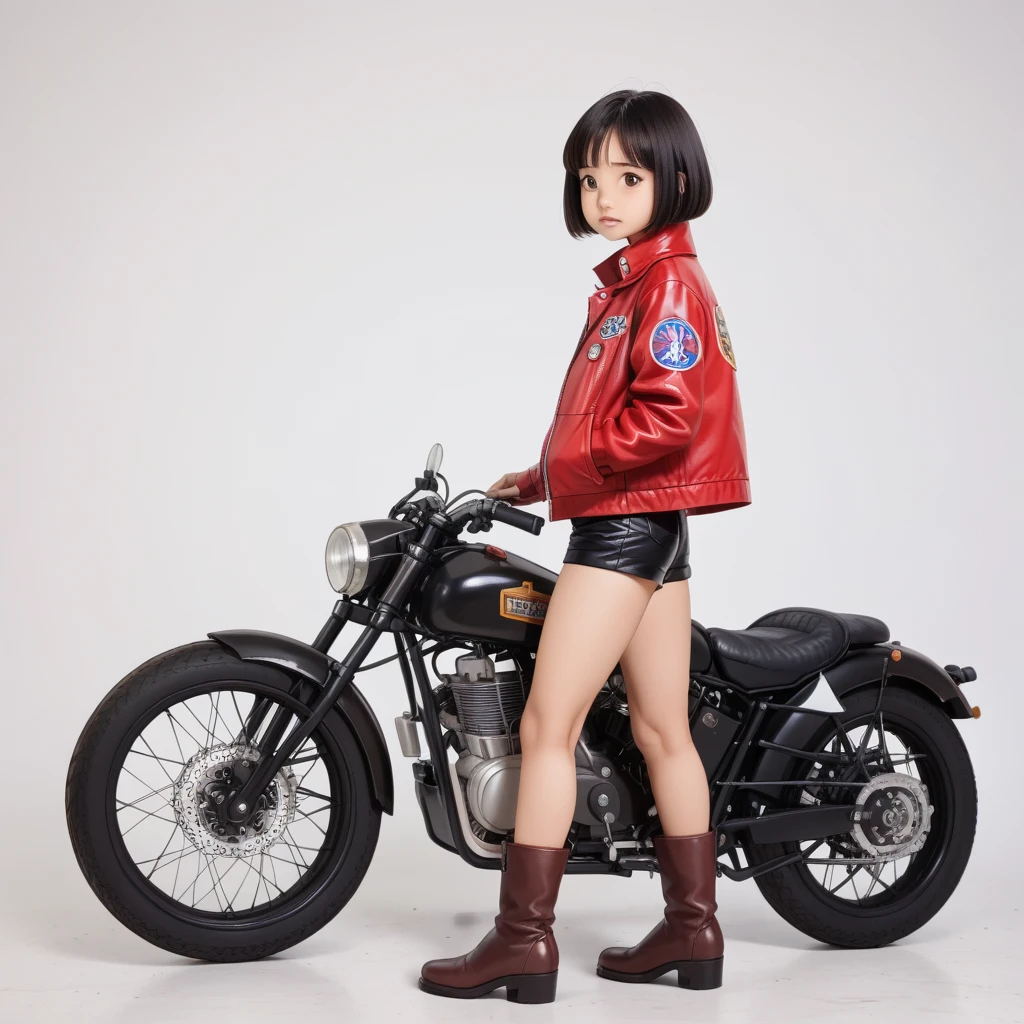 (磁器people形:1.2)、(陶磁器people形:1.2)、(Ride a classic motorcycle:1.2 )、(Vintage Bikes、Bluff Superior SS100)、美しい若い日本people女性、Beautiful Face, Black Hair, Short Bob Hair, Red classic leather jacket、leather shorts、boots、goggles、Take a photo of the entire bike、(people々々And the size balance of the motorcycle is our number one priority.:1.2)、Blur the background、((No background))、((White Background))、((Plain background))、((No logo))、(Highest quality、High resolution、masterpiece)、(3d)、4K、8k、wallpaper、