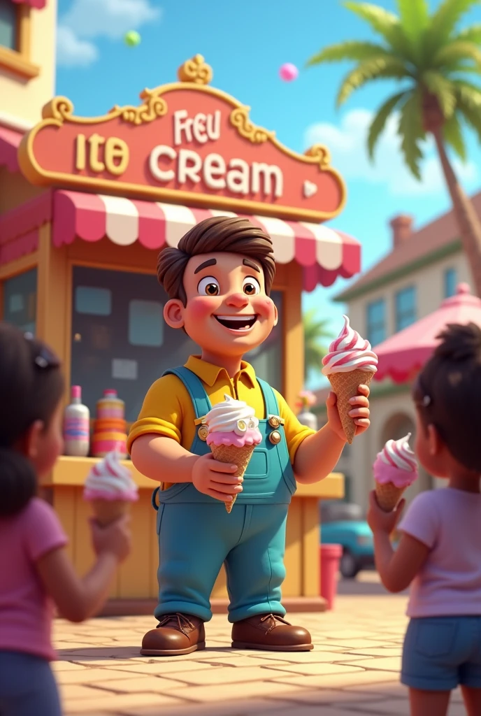 A icream man selling icream in free shop name is free icream for children
