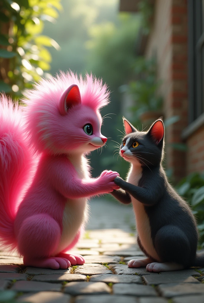 A male pink skunk deeply in love with a female cat who hates the skunk