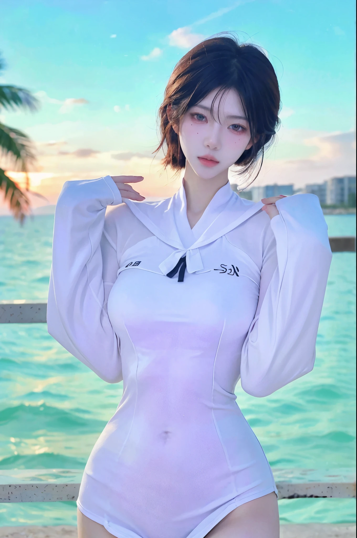 Beautiful woman with perfect figure:1.6,Ultra-high resolution,4K,Sailor Suit,Beach Background,Long hair,Big Breasts,cute,White legs,(Lifelike:1.4),Layered hairstyle,White skin,whole body,Very delicate face and skin texture,Double eyelids,Skin Whitening,