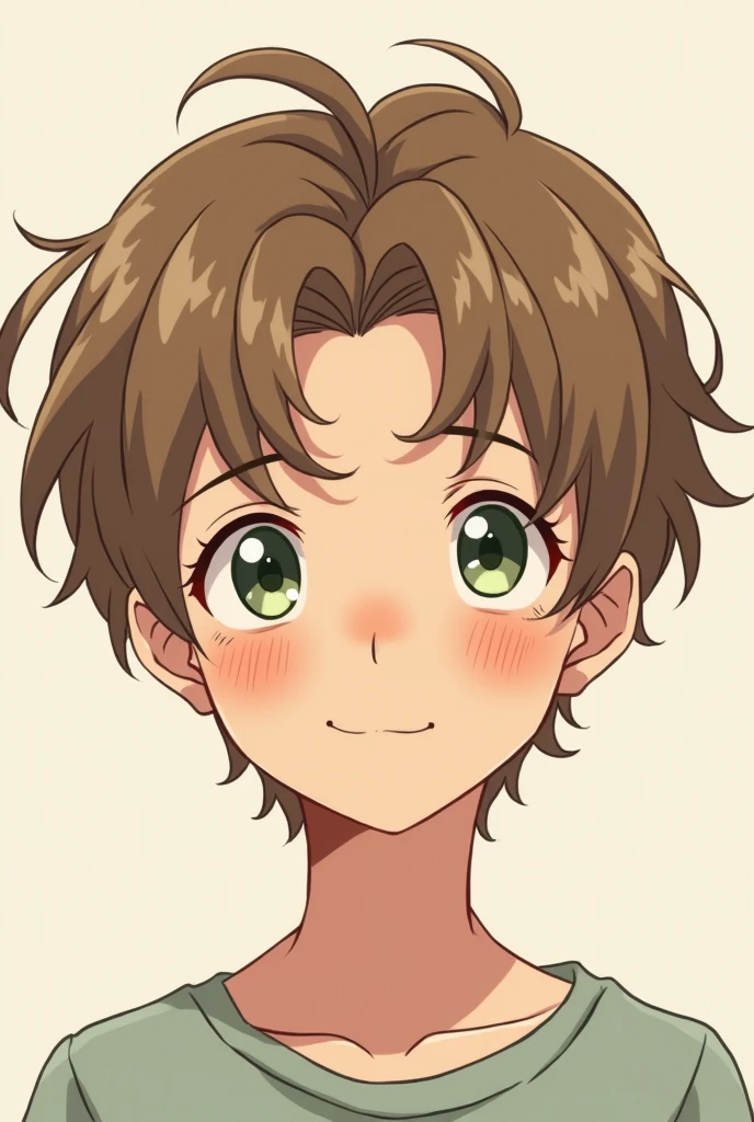 A teenage boy with freckles, Pale skin, light green eyes. Her very light brown hair and a small smile, in anime style