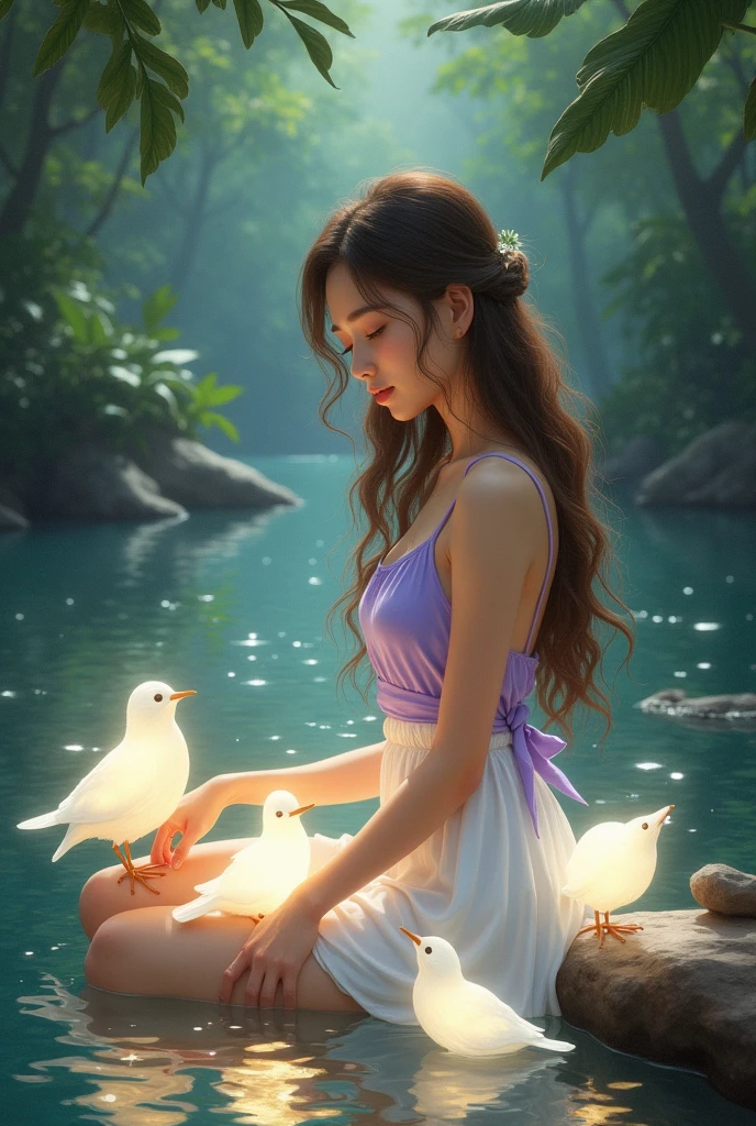 full lenght young woman, pretty and sweet, 20 years old, long brown hair, wearing a sleeveless purple dress, short white skirt, light, pretty and sweet, face like an angel. Jungle scene, young woman sitting and playing with four or five glowing white birds by the water. Young woman sitting and playing with four or five glowing white birds by the water. Oil painting, oil painting, three-dimensional painting, art painting by Professor Chalermchai. Riverside scene in the morning, glowing and shimmering light, beautiful.