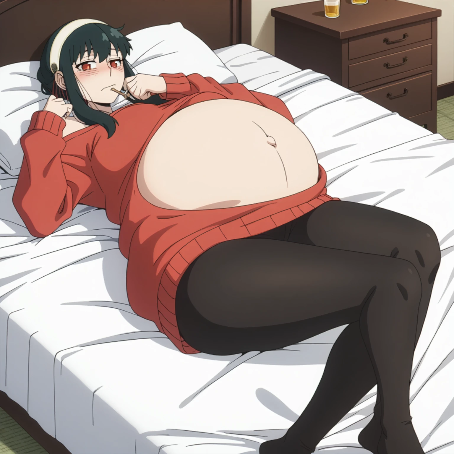 looking at viewer, solo, YorForger, 1girl, ((middle breast)), ((belly stuffed)), ((huge belly)), ((very drunk)), ((staggers)), ((drank too much)), ((exhausted)), ((agitated)), ((ate too much)), black hair, red eyes, short hair with long locks, white hairband, off shoulder, ((red sweater)), black pantyhose, ((lying in a bed)),