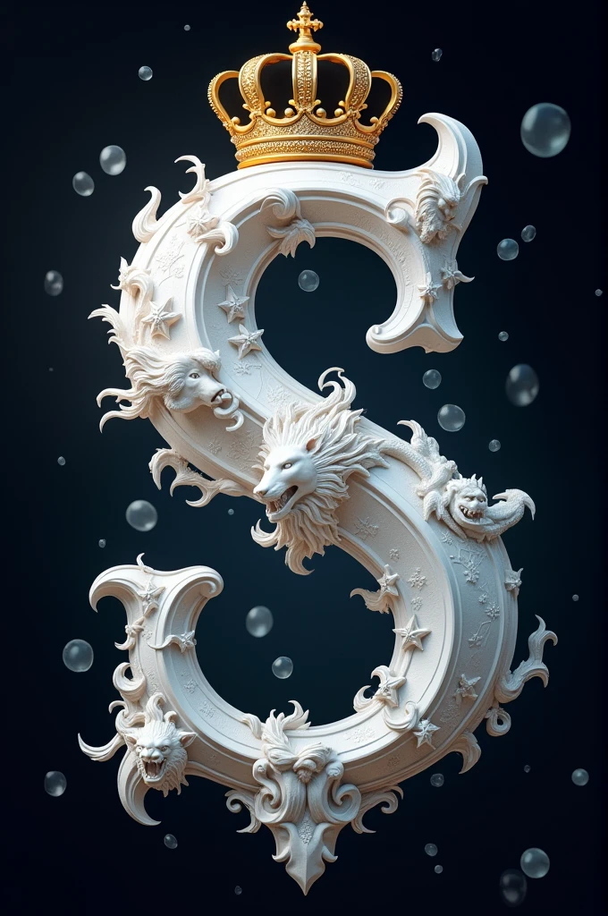 Create a 3D white letter 'S' design with a medieval
fantasy theme In the room flat white light shadow.
The letter should be adorned with intricate,
metallic creatures such as dragons, grifins, and
lions. A golden crown should rest on top of the
letter, symbolizing royalty. The background should
be dark and starry, with floating bubbles to add a
mystical ambiance."