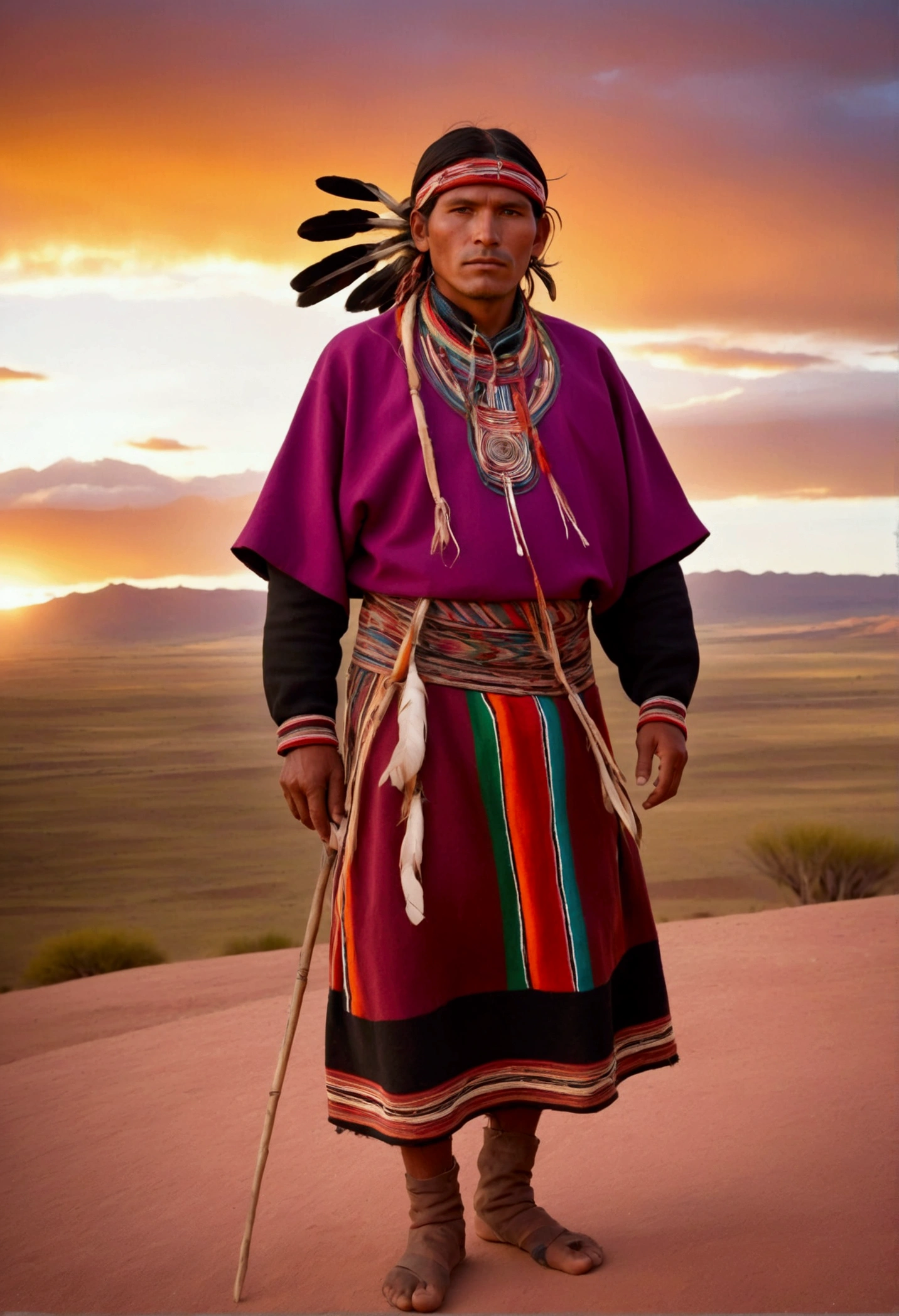 Aboriginal man from head to toe, Aymara ethnic group 1.5 colorful aguayo dress 1.3 high quality photograph with staff in left hand, in the background the desert at sunset from red to violet