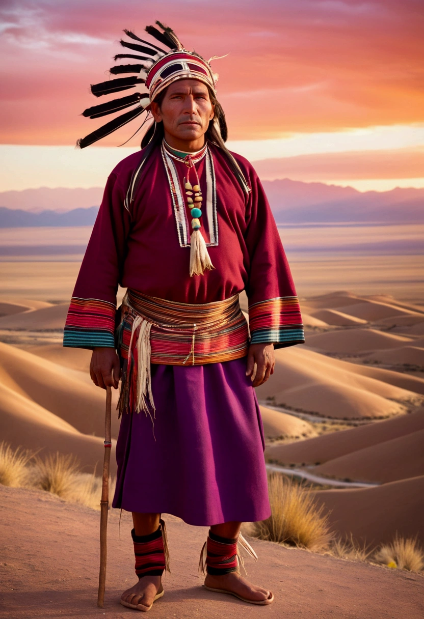 Aboriginal man from head to toe, Aymara ethnic group 1.5 colorful aguayo dress 1.3 high quality photograph with staff in left hand, in the background the desert at sunset from red to violet