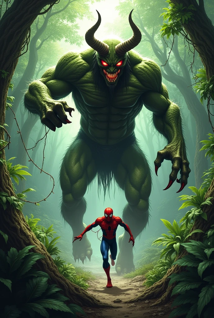 A demon carried small spiderman in jungle and running.