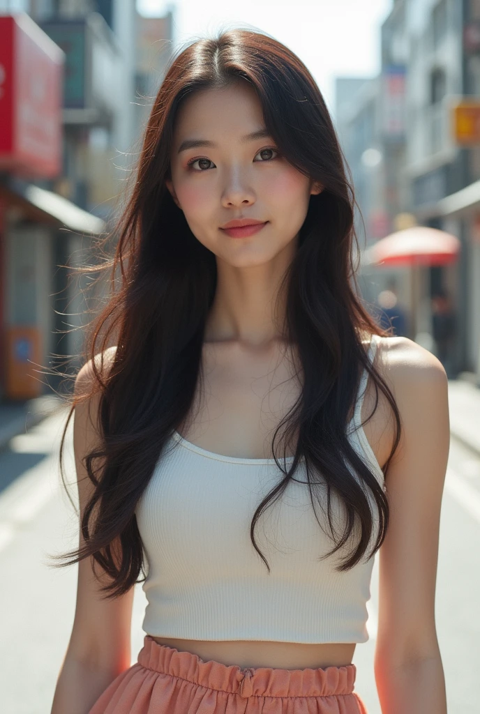 Highest quality, whole body, (Face forward),Soft Light, Ultra-high resolution, (Realistic:1.4), 1 Japanese girl, alone, 20-year-old,Photorealistic photography,(A shy smile:0.5), (Brown eyes, Light in your eyes), (Small box),(High resolution detail of human skin texture), (Dark brown hair),(Long Hair),(Normal face) break, On the Streets,Feminine clothing,skirt,(worst quality, low quality:1.4), (zombie, sketch, comic), nsfw,